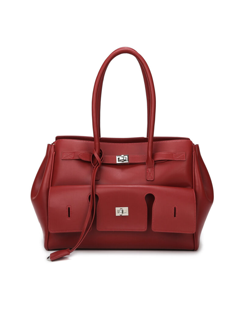 Red Leather Women's Handbag with Front Pockets for work