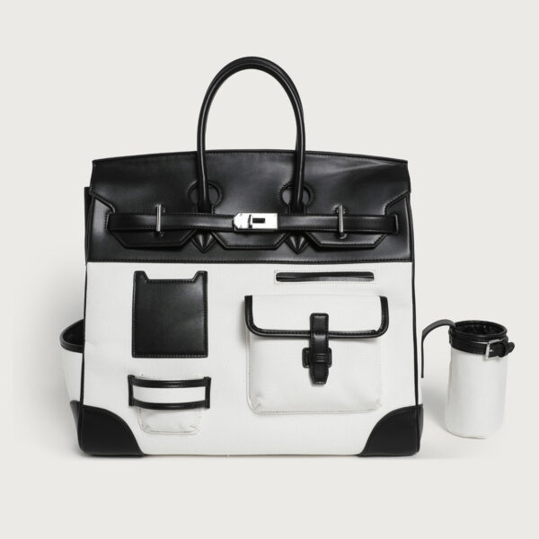 Women's Large Black & White PU Leather & Canvas Tote Bag - Stylish & Spacious Shoulder Handbag