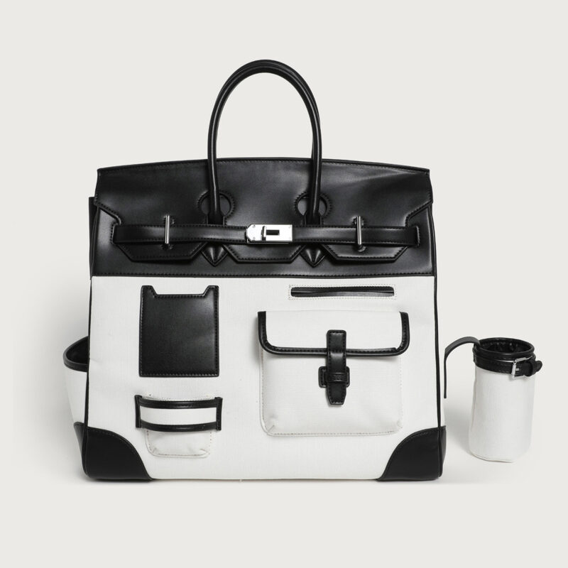 Women's Large Black & White PU Leather & Canvas Tote Bag - Stylish & Spacious Shoulder Handbag