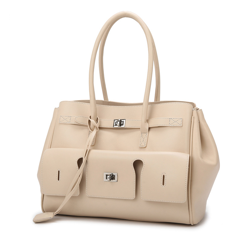 Cream Leather Tote Bag for Women, Professional Laptop Handbag