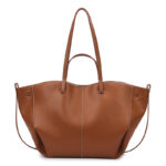 Brown Leather Women’s Laptop Tote Bag, Contrast Stitching Shoulder Bag