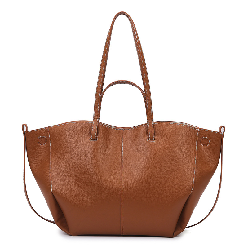 Brown Leather Women's Laptop Tote Bag, Contrast Stitching Shoulder Bag