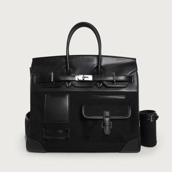 Women's Large Black Leather & Canvas Tote Bag - Spacious, Stylish & Multi-Pocket Handbag for Work & Travel