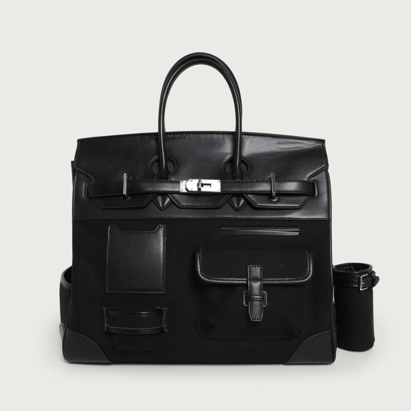 Women's Large Black Leather & Canvas Tote Bag - Spacious, Stylish & Multi-Pocket Handbag for Work & Travel
