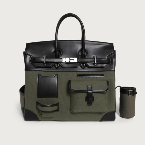 Women's Large Olive Green & Black PU Leather Canvas Tote Bag - Spacious & Stylish Everyday Handbag