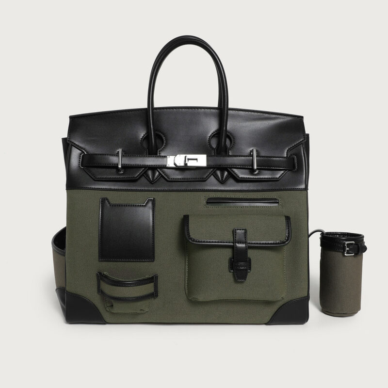 Women's Large Olive Green & Black PU Leather Canvas Tote Bag - Spacious & Stylish Everyday Handbag