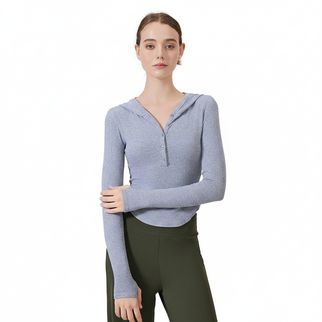 Light Blue Ribbed Henley Hoodie for Women