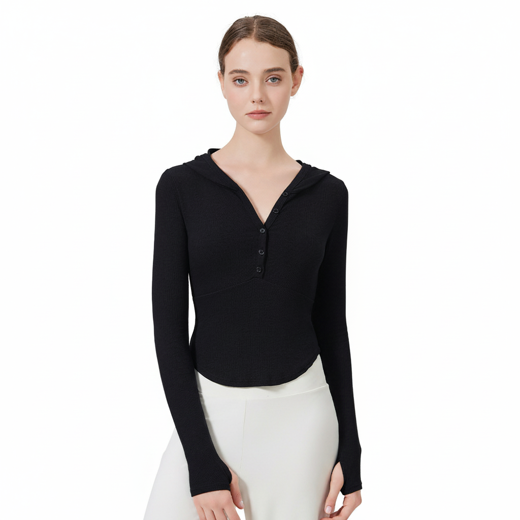 Black Ribbed V-Neck Long Sleeve Hoodie