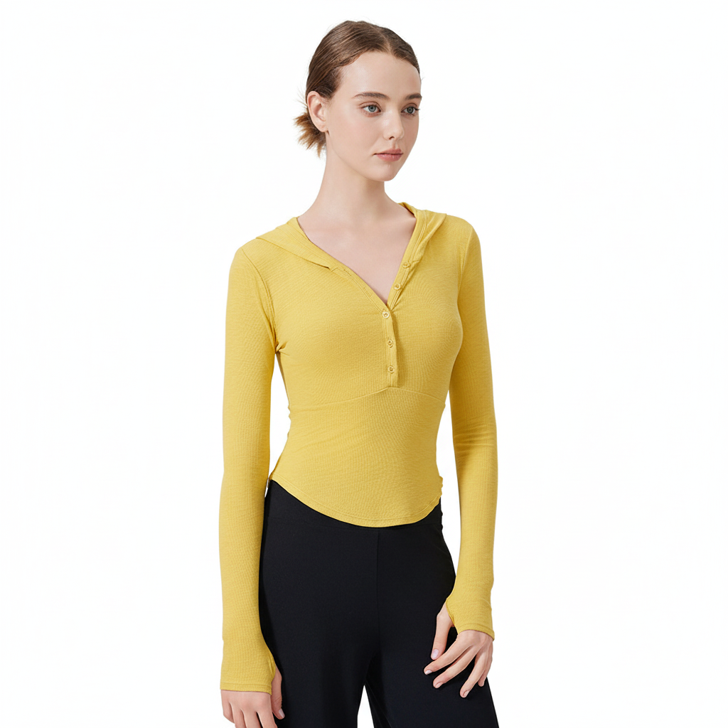 Yellow Ribbed V-Neck Long Sleeve Hoodie