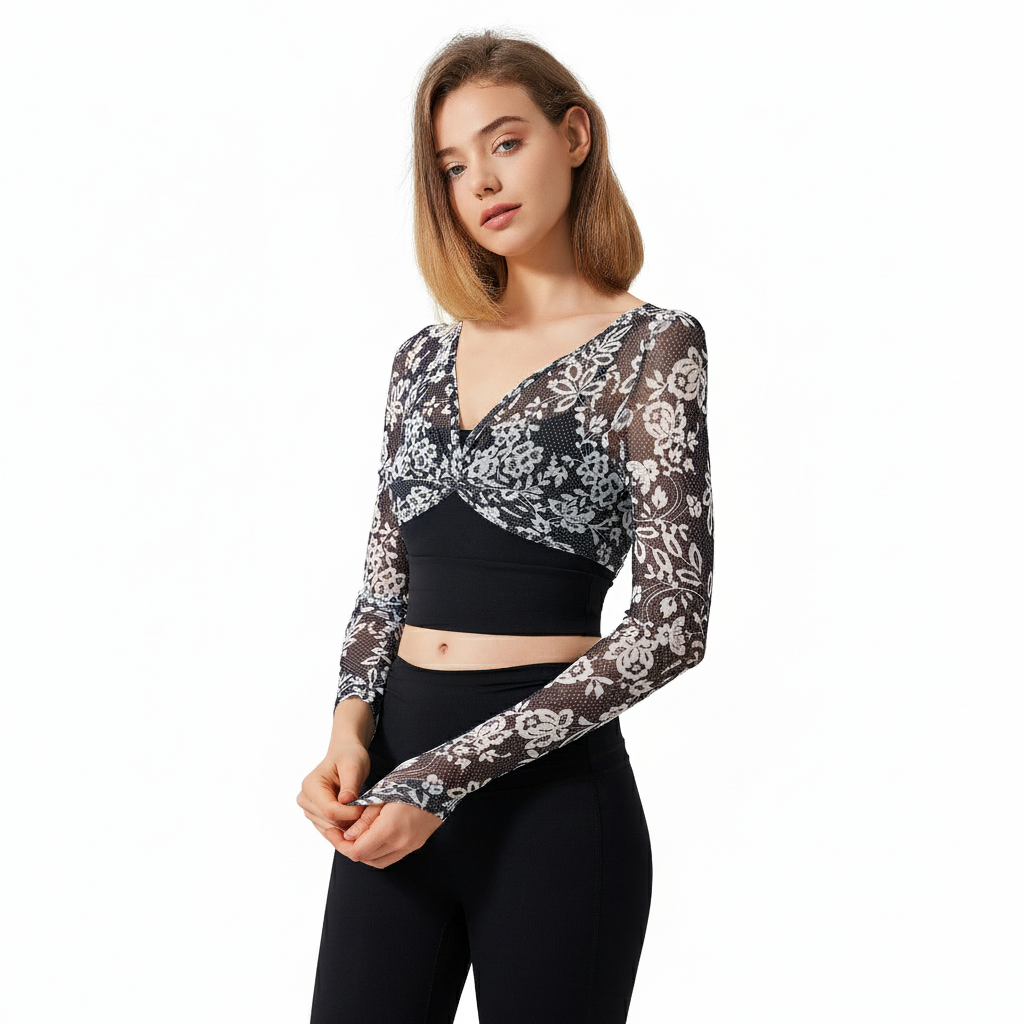 Women's Mesh Long Sleeve Crop Top with Floral Print & Twist-Front Detail