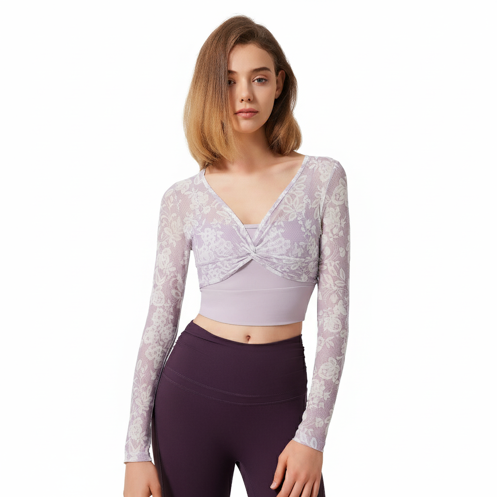 Lavender Floral Mesh Layered Crop Top