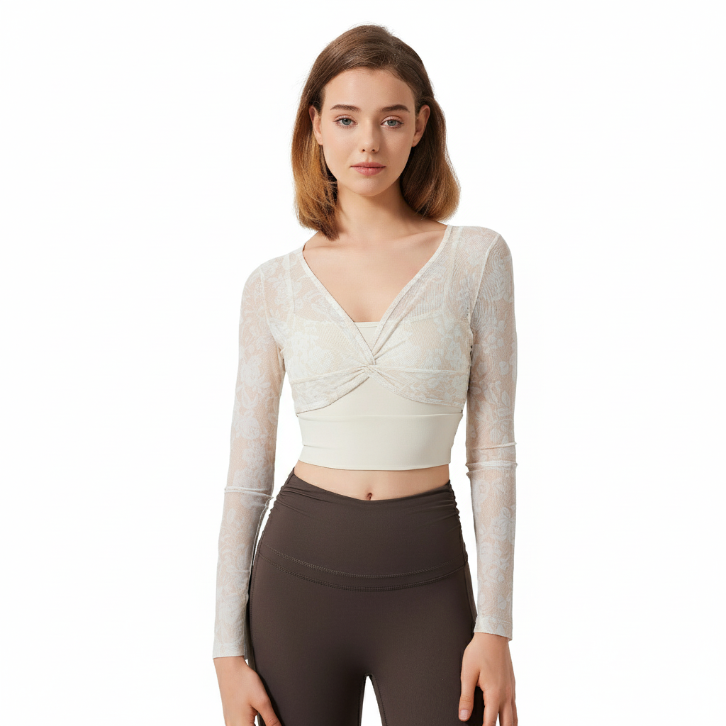 Beige Floral Mesh Layered Crop Top
