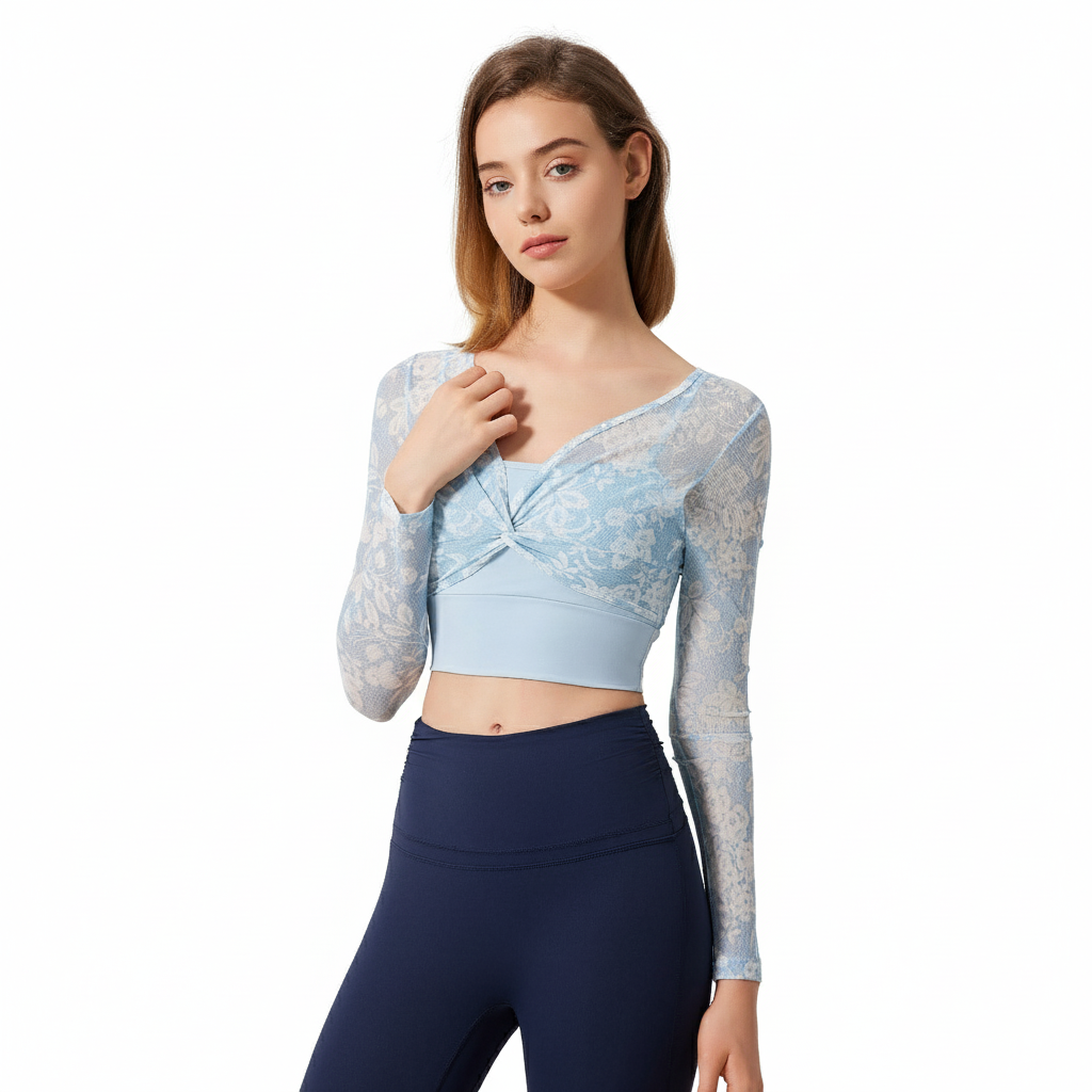Blue Floral Mesh Layered Crop Top