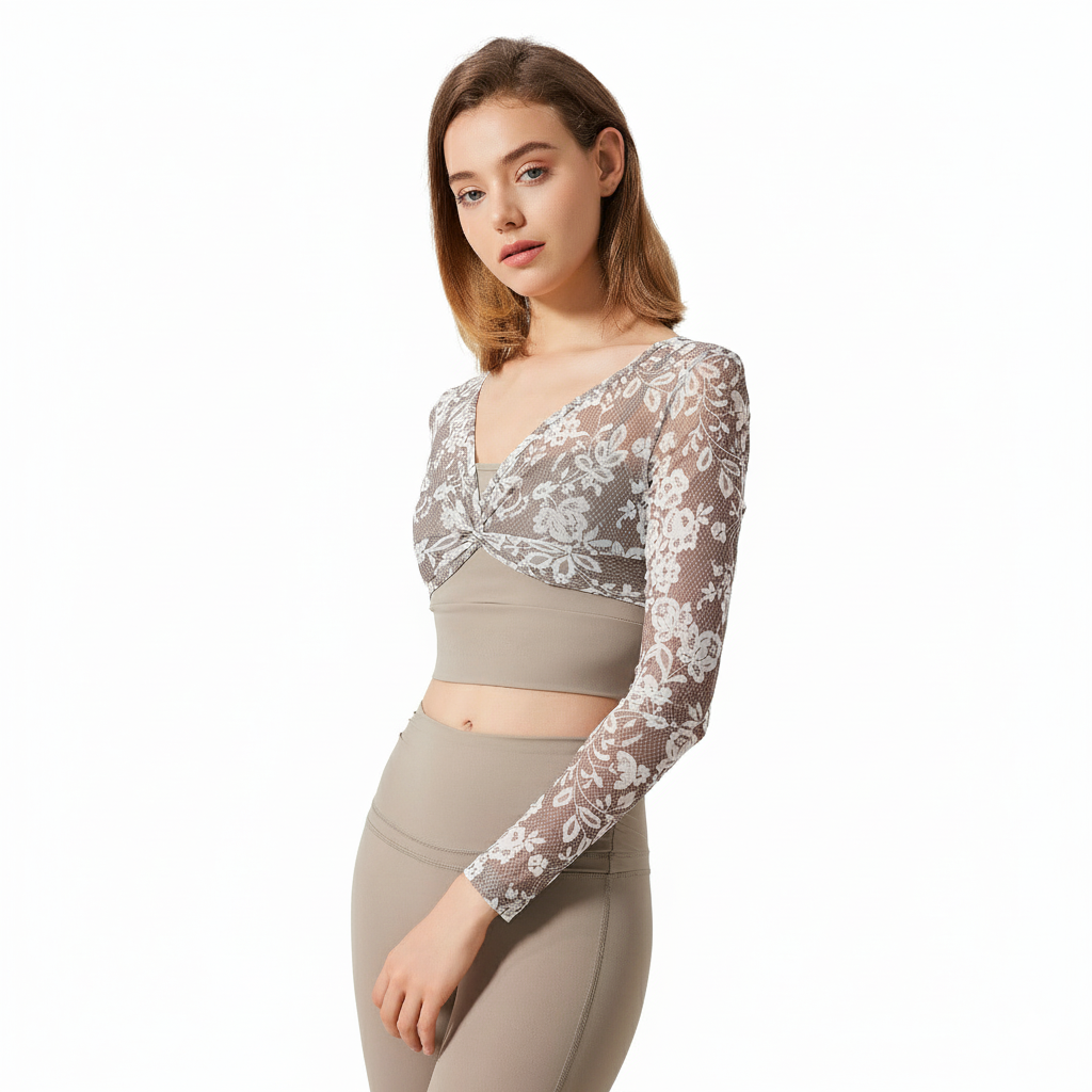 Mocha Floral Mesh Layered Crop Top