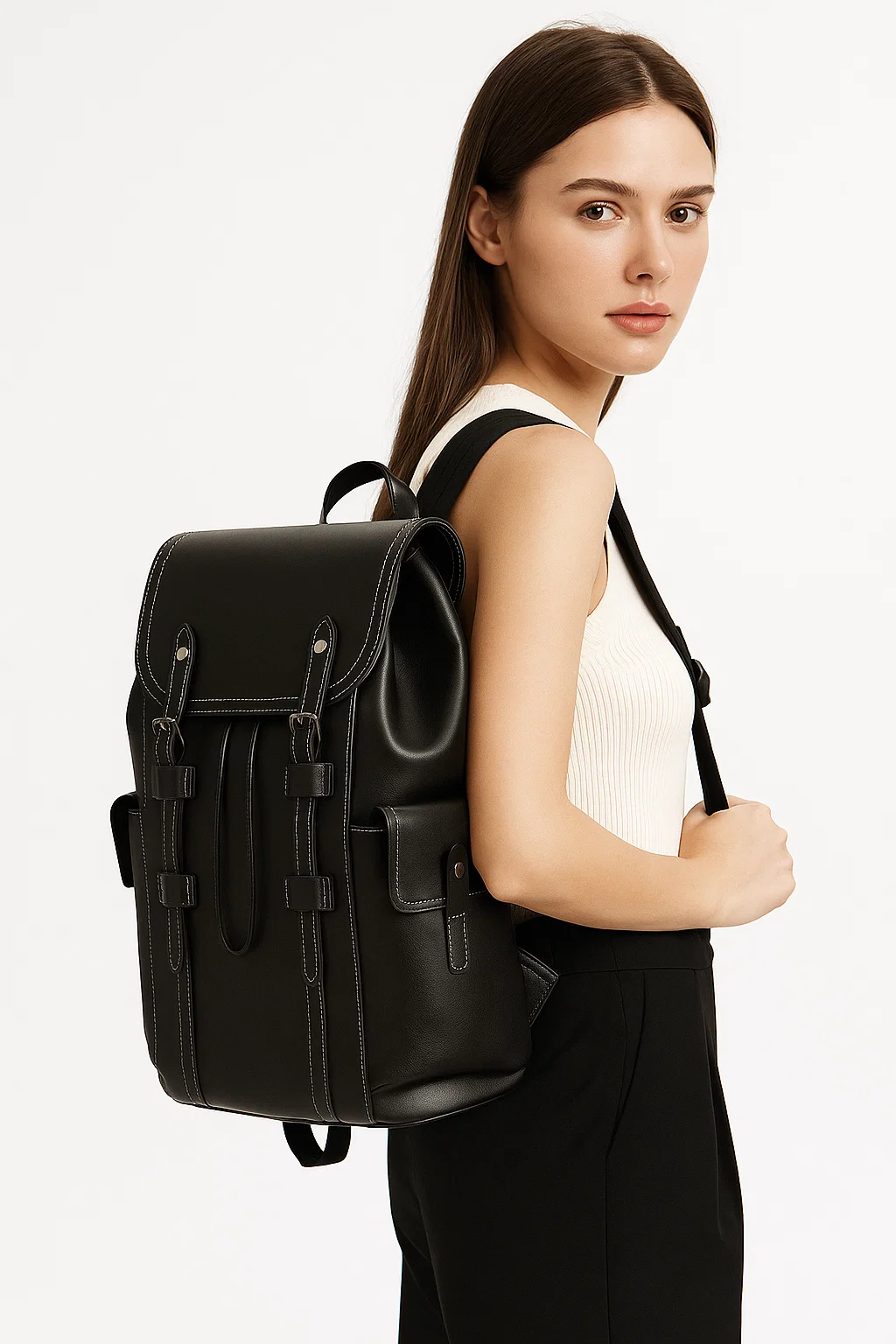 Black Genuine Leather Vintage-Style Backpack Schoolbag Large 15.6 Inch Laptop Travel Backpack - 250909001-1-model 