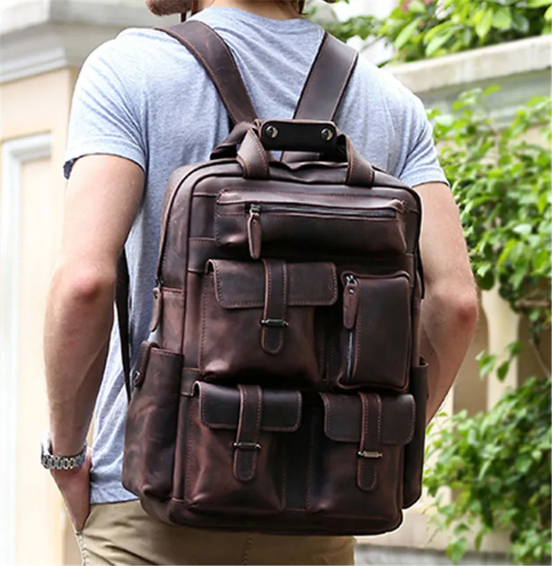Vintage Crazy Horse Genuine Leather Men Backpack Travel Bagpack Male School Backpack Fashion Hiking Rucksack Mochila Book Bag