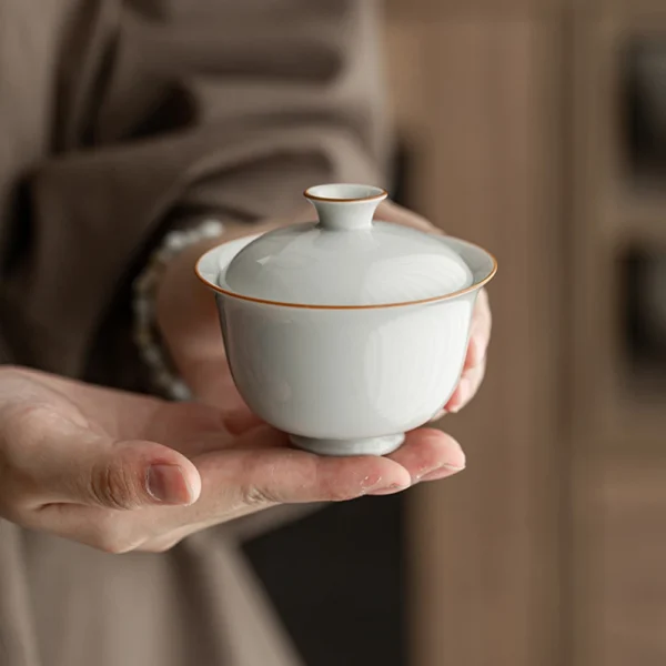 Hand-made Porcelain Gai Wan Tea Set Vintage Handle-less Ceramic Teaware For Chinese Traditional Gongfu Tea Ceremony