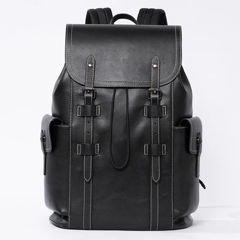 Black Genuine Leather Vintage-Style Backpack Schoolbag Large 15.6 Inch Laptop Travel Backpack - kf-S2f1074b68fd740bdab7cef9cf3a990dbA 