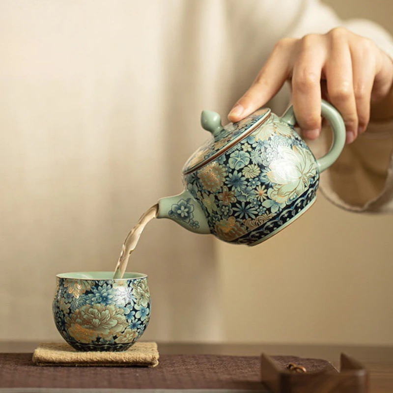 Ru kiln ceramic traditional smooth teapot vintage open slice brewing teapot household kung fu tea set Chinese style tea cups