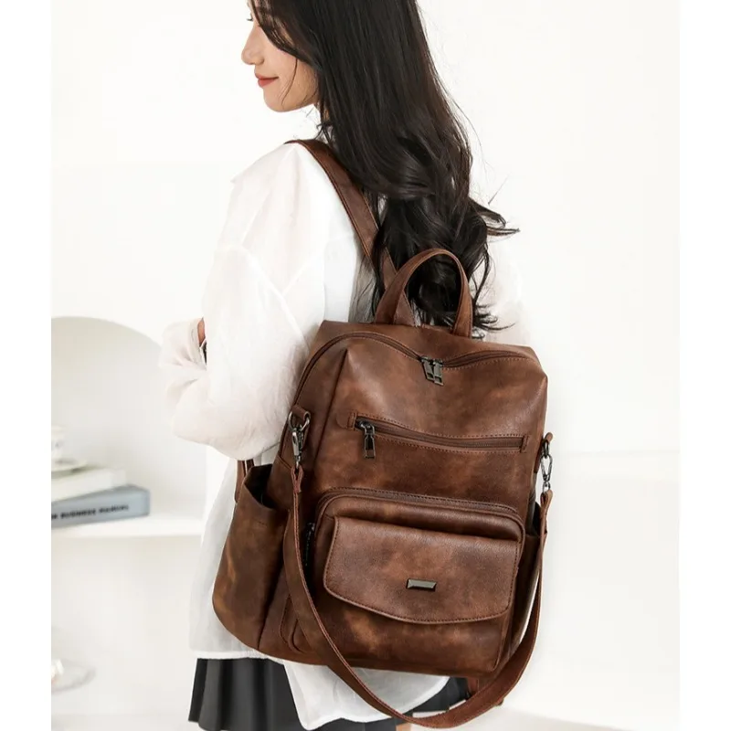 2025 New Autumn and Winter Women's PU Leather Designer Casual Fashion Business Retro Travel College Backpack Wallet Shoulder Bag