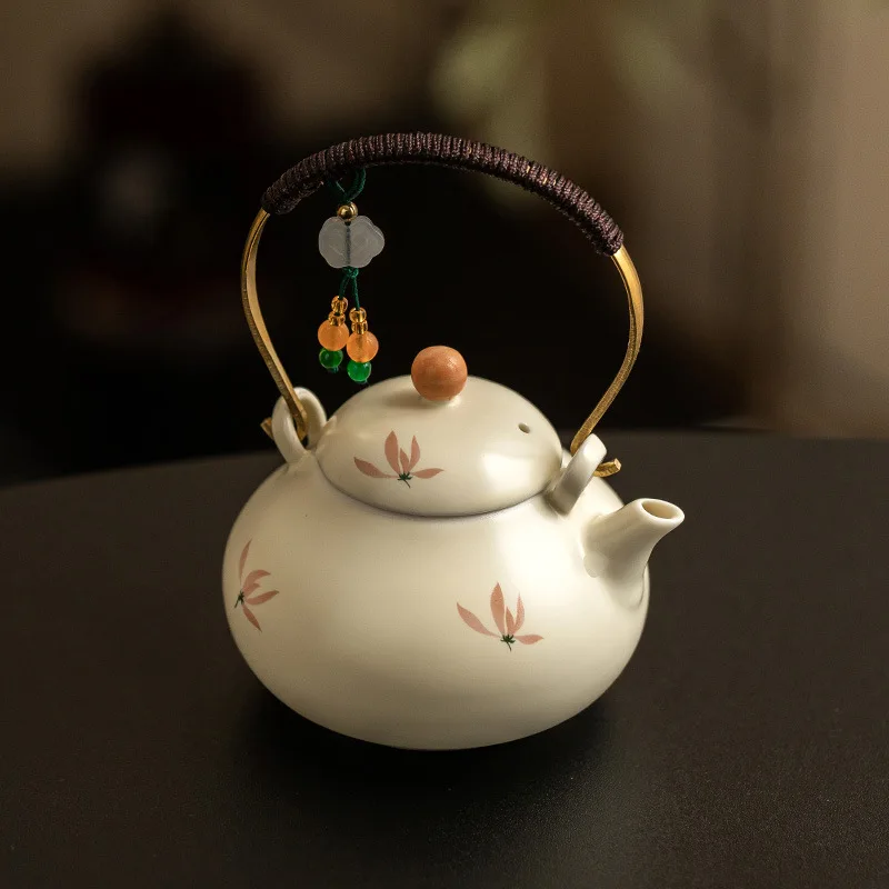 Beige Glazed Orchid Tied Rope Handle Teapot Large-capacity Chinese Ceramic Tea Set, Household Tea Brewing and Boiling Teapot