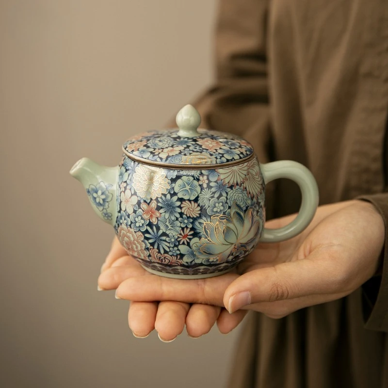Ru kiln ceramic traditional smooth teapot vintage open slice brewing teapot household kung fu tea set Chinese style tea cups