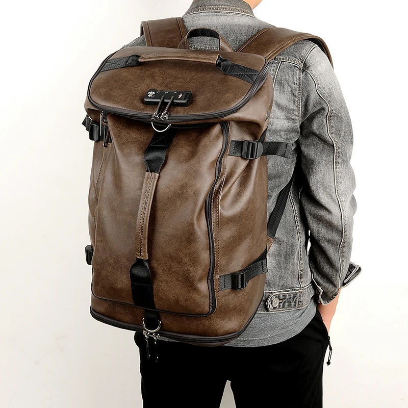 Solid color large capacity PU leather password lock design backpack travel bag mochilas de hombre backpack for man backpack man