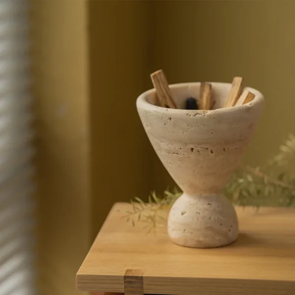 Vintage Natural Marble Stone Incense Burner Yellow Travertine Stone Cup-shaped Aromatherapy Stove