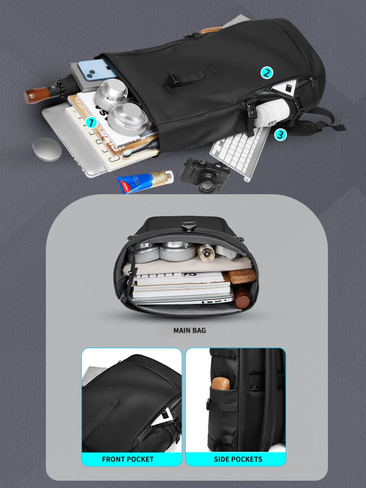 Black Waterproof Expandable Rolltop Backpack Men's 15.6 inch Laptop Bag Outdoor Travel Hiking Rucksack with Roll Top Closure