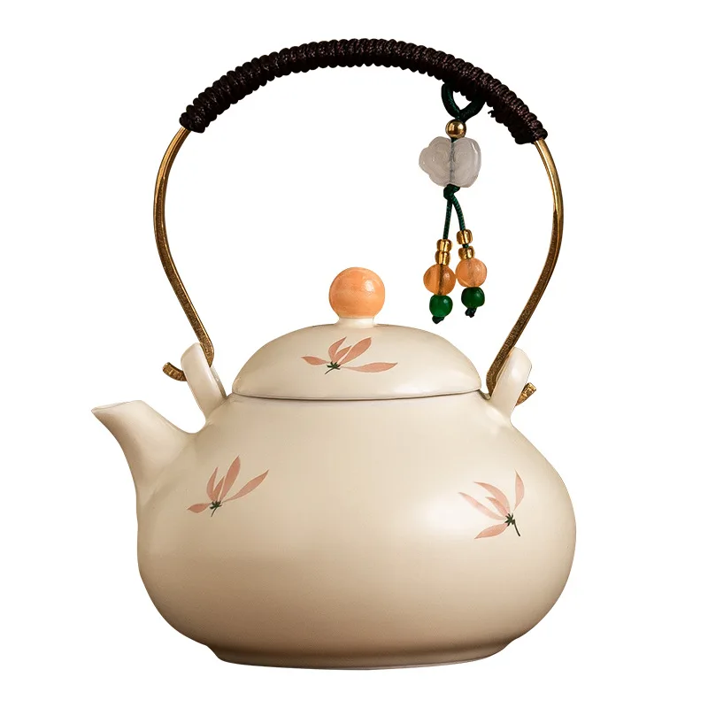 Beige Glazed Orchid Tied Rope Handle Teapot Large-capacity Chinese Ceramic Tea Set, Household Tea Brewing and Boiling Teapot