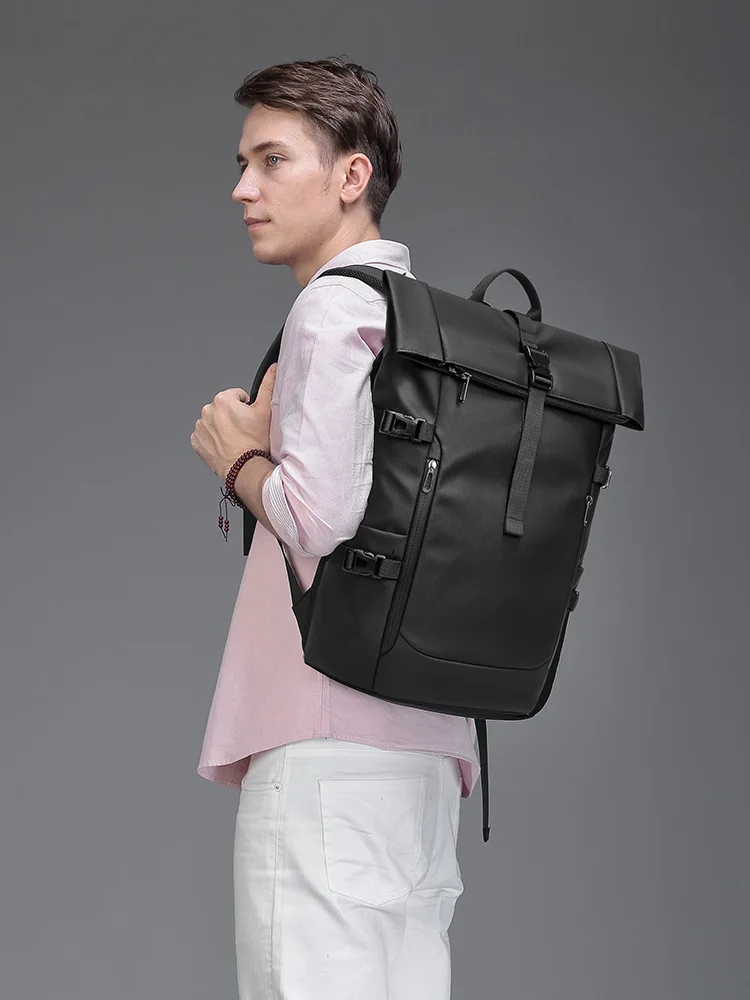 Black Waterproof Expandable Rolltop Backpack Men's 15.6 inch Laptop Bag Outdoor Travel Hiking Rucksack with Roll Top Closure