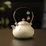 Beige Glazed Orchid Tied Rope Handle Teapot Large-capacity Chinese Ceramic Tea Set, Household Tea Brewing and Boiling Teapot