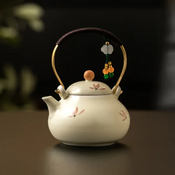 Beige Glazed Orchid Tied Rope Handle Teapot Large-capacity Chinese Ceramic Tea Set, Household Tea Brewing and Boiling Teapot