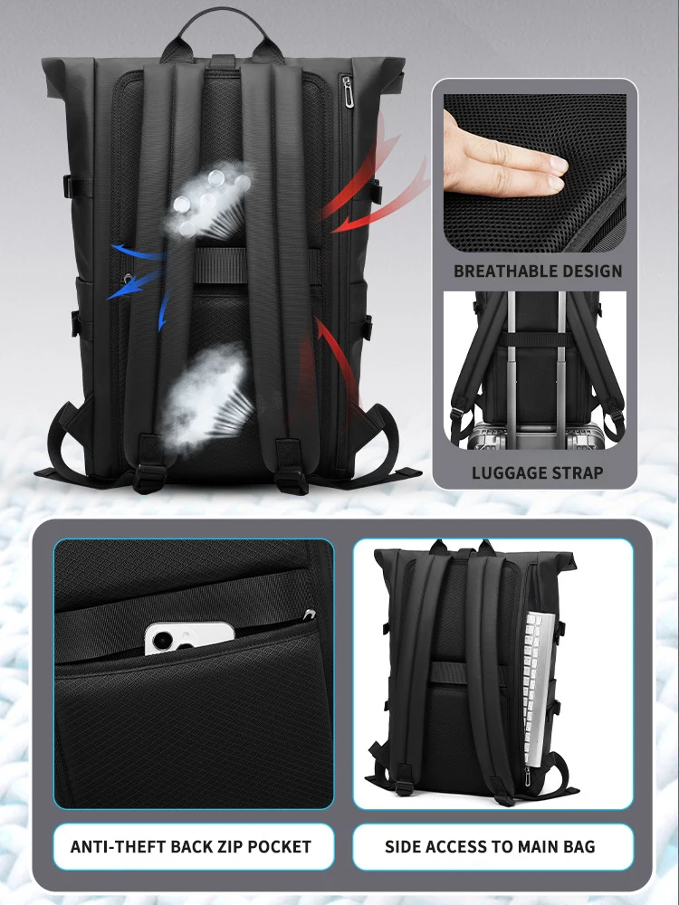 Black Waterproof Expandable Rolltop Backpack Men's 15.6 inch Laptop Bag Outdoor Travel Hiking Rucksack with Roll Top Closure
