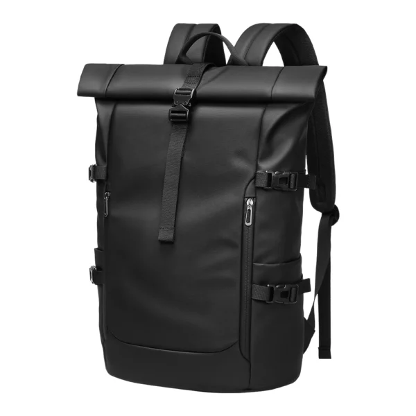 Black Waterproof Expandable Rolltop Backpack Men's 15.6 inch Laptop Bag Outdoor Travel Hiking Rucksack with Roll Top Closure