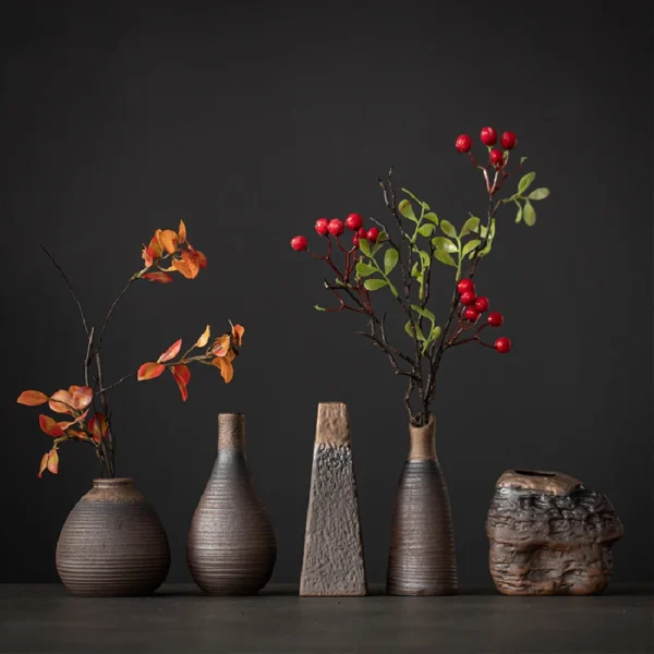 Retro rough pottery mini flower vase, ceramic tabletop small vase, indoor hydroponic ornament decoration