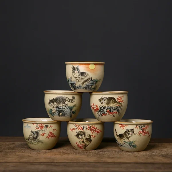 Cute Cat Teacup Chinese Coarse Pottery Ceramic Opening Cup Pottery Beautiful Tea Cups Set Teaware for Tea Ceremony