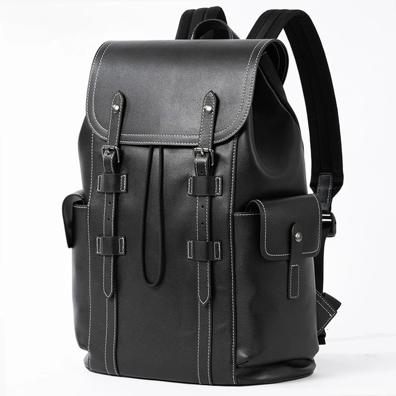 Black Genuine Leather Vintage-Style Backpack Schoolbag Large 15.6 Inch Laptop Travel Backpack