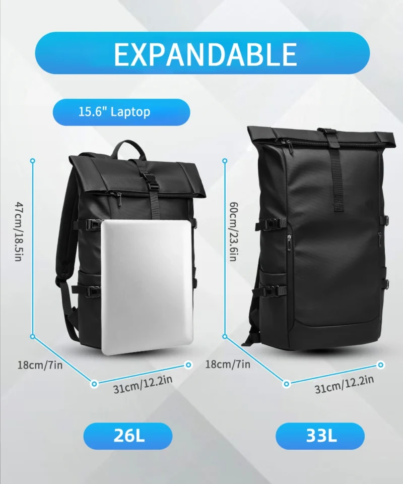 Black Waterproof Expandable Rolltop Backpack Men's 15.6 inch Laptop Bag Outdoor Travel Hiking Rucksack with Roll Top Closure