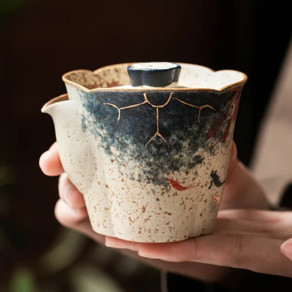 Ceramic Teapot Blue and White Flint Red Hand-painted Lotus Flower Hand-grasping Pot Chinese Retro Tea