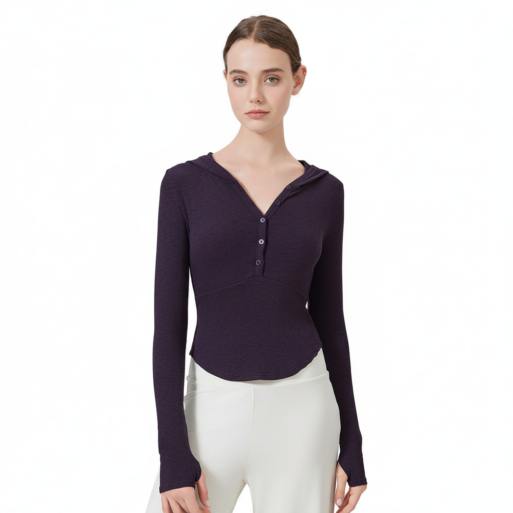 Dark Purple Ribbed Long-Sleeve Yoga Hoodie